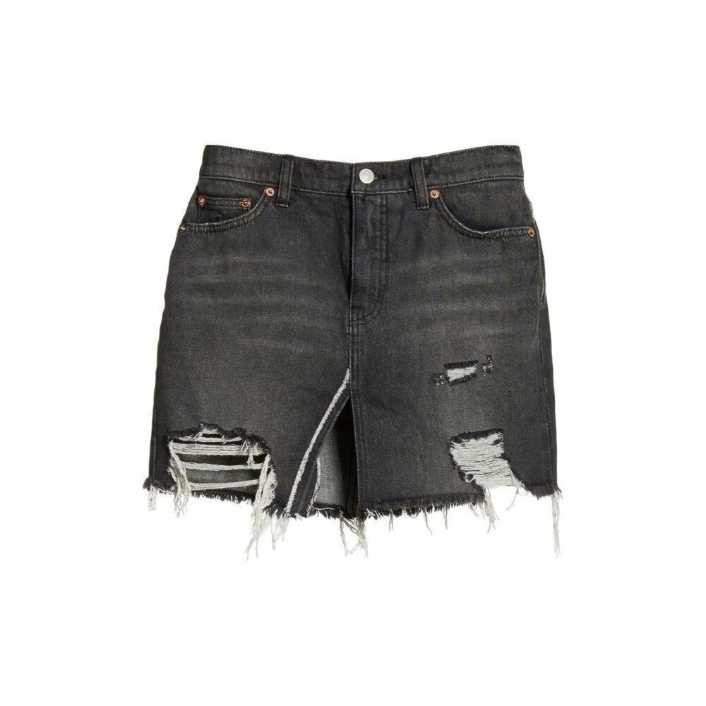 FREE PEOPLE Distressed Black Denim Front Slit Jean Skirt 24‎ (00) NWT - Picture 6 of 7